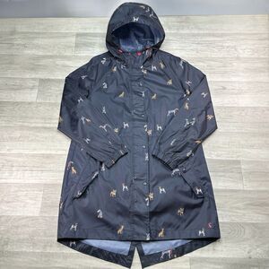 Joules Right As Rain Dog Print Hooded Rain Jacket Size 10 Navy Full Zip Women's